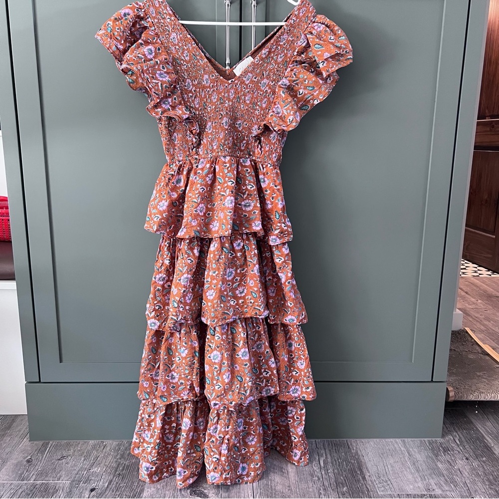 Cleobella Smocked Floral Midi Dress Size M Boho Tiered Ruffle Cottagecore